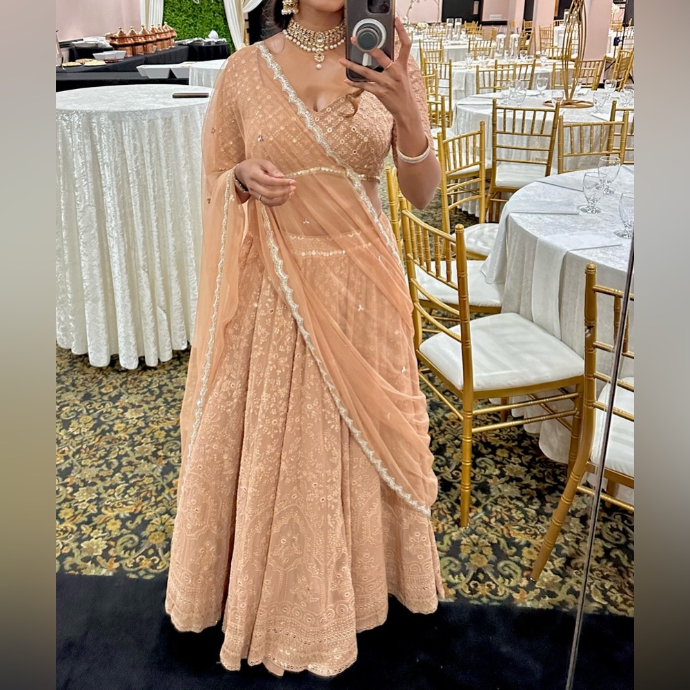 Peachy nude Lengha with all over thread and mirror work